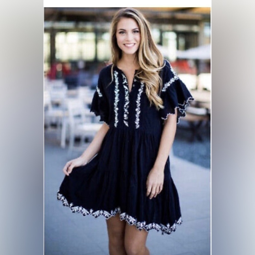 Free People Santiago Dress black white embroidered size XS